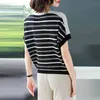 Solta Batwing Stripe de Manga Curta T-shirt das Mulheres Casual Verão Fino Knitwear Tops Coreano Estilo Contraste Cor Tee Feminino 210522