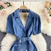 Women Fashion Sexy Retro Denim Dress Hollow Suit Collar Short Sleeve Button-down Elegant Harajuku Vestidos De Mujer S561 210527