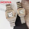 Męskie kobiety Square Diamonds Pierścień Zegarek Klasyczny Roman Numer Date Date Zegarki 40mm 32mm Wszystkie ze stali nierdzewnej Szwajcaria Roczne eksplozje Highend Wristwatches