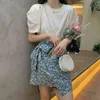 Ezgaga Summer New Korean Fashion Two Piece Set Women Solid Loose T Shirts + Lace Up High Waist Skirts Floral Elegant Suit 210430