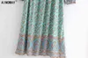 Vintage Chic Donna Manica lunga Cravatta Etnica Stampa floreale verde Beach Bohemian Maxi Dress Ladies Rayon Cotton Boho Abiti G1214