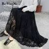 Lace midi saia mulher sólida cor oca out maxi longa saias negras mulheres plissadas coreanas cintura alta jupe lias foring 210506