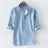 Nationaler Stil Männer Gestreifter Druck Halbarmhemden für Männer Hemd Sommer Hawaii Urlaub Lose Lässige Stehkragen Baumwollhemden 210527