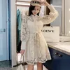 Casual Dresses 2021 High Quality Luxury Design Runway Dress Autumn Women Sexy Waist Lace Hollow Out Lantern Sleeve Mini Whith Belt