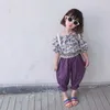 Été enfants filles 2 pièces ensembles chemises à fleurs sans épaule + pantalon violet tenues de mode vêtements E5695 210610