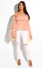 Женская летняя мода сетка верхний сексуальный один плечо длинный рукав талии рубашки розовый синий повседневный прозрачный осень прибытие 210416