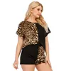 5XL Leopard Print Shipsuit Mulheres Manga Curta T-shirt e Calças Plus Size Causal Dois Peça Set Contrast Color Loungewear D25 Y0625