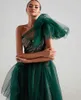 Bir Omuz Zarif Abiye Bir Çizgi Yüksek Düşük Dantel Aplikler Boncuk Balo Abiye Kadın Koyu Yeşil Tull Örgün Pageant Parti Elbise