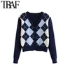 TRAF Women Cardigan Vintage Stylowe Wzór Geometryczny Krótki Trykotowy Sweter Moda Z Długim Rękawem Anglia Styl Odzież Odzieży Chaqueta 210922