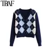 TRAF Cardigan da donna Vintage Elegante motivo geometrico Maglione lavorato a maglia corto Moda manica lunga Capispalla stile Inghilterra Chaqueta 210922