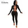 Echoine Kvinnor Ribbed Patchwork Two Piece Set Hollow Out Långärmad Spetsar upp Beskära Top Legging TrackSuit Sexy Club Party Outfits Y0625