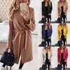 Damenjacken Frauen Langer Mantel Wolljacke Formale Bürodame Solid Slim Gürtel Rose Gelb Khaki Winter Turn-Down-Kragen 2021