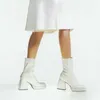 Meotina Woman Boots Square Toe Mid Calf Boots Zipper Super High Heel Boots Platform Thick Heels Ladies Shoes Autumn White 43 210608