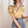 Corée Chic Retro Sweet V Neck Puff Sleeve Cross Cross Plaid Blouse Femmes Slim Blusas plissée de Mujer Shirts Sexy Fashion 210429