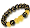 Feng Shui Obsidienne Pierre 12mm Perles Brins Bracelet Hommes Femmes Unisexe Bracelet Or Noir Pixiu Richesse et Bonne Chance Bracelets Cadeau