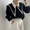 Color-bloqueado escritório senhoras mulheres blusas de manga completa giro coleira camiseta elegante moda coreana blusas tops 210513