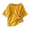女性のトップシャツ夏の蝶ネクタイレースの女性半袖シンプルな固体野生の短いOネックブラウスML844 210506