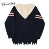 Yitimuceng Hooded Sweater Women Ripped Tassel Winter Clothes Fall Pullovers Casual Lace Up Patchwork Korean Tops Knitted 210601