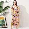 Fashion Runway Loose Maxi Dress Women Elegant Ethnic Print Chiffon Long Batwing Sleeve Oversize Dressing Gowns 210524