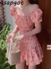 2 Style Korean Chic Sweet Girls Plus Size Square Neck Floral Dress Women Peach Pink Summer Temperament Waist Slim Mini Vestidos 210429