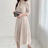 Zarif Tek Göğüslü Yaka Kadın Midi Elbise Moda Uzun Kollu Kuşaklı Ince Bel Kadın Elbise Workwear Vestidos 210518