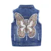 Mudkingdom Ripped Girls Denim Vest Butterfly Sequin Turn-Down Collar Autumn Sleeveless Jacket Kids Jean for Girl Sparkly Clothes 211203