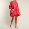 Rahat Kırmızı Elbiseler Kadın O Boyun Uzun Kollu Yüksek Bel Bandaj Mini A-line Elbise Kadın Moda Giysileri 210520