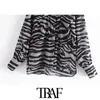 TRAF女性ファッションセミシャーシマウマプリントルーズブラウスヴィンテージ長袖ポケット女性シャツBLUSAS CHIC TOPS 210415