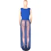 4XL 5XLプラスサイズアフリカの女性ドレス青いハイウエスト透明床の長さセクシーなナイトクラブウェア長いドレスを介して見る210510