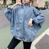 Women Blue Denim Jacket Mandarin Collar Long Sleeve Solid Loose Oversize C0290 210514