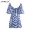 Kobiety Chic Moda Floral Print Plised Mini Dress Vintage Rękaw Puff z podszewką Sukienki Kobiece Vestidos Mujer 210416