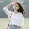 春の夏の韓国のファッションプレッピースタイルの女性3/4スリーブ緩い白いシャツ綿のピーターパンカラーカジュアルブラウスS710 210512