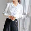 Dames Chiffion Blouses Herfst Effen V-hals Losse Single-Breasted Flare Sleeve Vinatge Shirts Tops Vrouw 210514