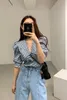 Vintage gestreifte koreanische Bluse Frauen Puffärmel lose Sommer Top Damen Shirt Mode Kleidung 210427