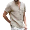 Herrens linne bomull Henley Shirt - Casual Short / Long Sleeve Hippie Button Up Beach T Shirts Bomull Linen Andbar solid färg 210726