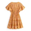 Boho Syle Summer V Cou Mini Robe Femmes Floral Print Ruffle Beach Manches courtes Taille élastique Party ES 210508