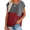 Kvinnor Färg Block Pocket Shirt Casual Loose Short Sleeve O-Neck Patchwork Top Tee Sommar Pullover Bomull Vintage Tjej Toppar Kvinnors T-shirt