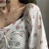 Neploe Clothes for Women Tops Slash Neck Floral Print Blouse Slim Fit Sexy Shirts Drawstring Crop Top Korean Cute Blouses 210422