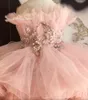 2021 Abiti da ragazza di fiori di lusso alla moda rosa Abito da ballo in pizzo con perline Tiers Tulle Lilttle Abiti da sposa per spettacolo di compleanno per bambini ZJ674