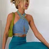 Green Sexy Bandage Halter Crop Tops for Women Sleeveless Backless Club Party Chic Wrap Cropped Top Slim Streetwear 210527