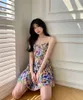 WOMENGAGA Floral Suspender Tank Dress Sexy Boho Fishtail Pleated Bow Women's Summer Tops A-line Dresses S1S5 210603