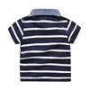 Casual 90cm 2 Years 18M 24M Baby Children Cotton Short Sleeve Turn-Down Collar Stripe Print Pocket Kids Teenage Boy T-Shirt 210625