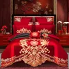 Conjunto de cama de luxo Dragon Phoenix Bordado Vermelho Estilo Chinês Casamento 100% Algodão 4/6 Pcs Princesa Roupas de Cama Capa de Edredão Lençol Fronhas de Linho