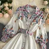 Neploe Flower Print Robes Ceinture élégante Taille Slim Robes à manches longues à manches longues à col rabattu Femmes Robe 1E370 210423