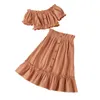 Winter Children Sets Short Sleeve Slash Neck Single Breasted T-shirt Brick Red Long Skirt Girl Boys Clothes 18M-6T 210629