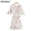 Mulheres Chic Moda Floral Impressão Ruffled Mini Vestido V Neck Tied Sleeves Back Zipper Vestidos Femininos Mujer 210420