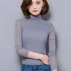 Sexy Mesh Toppar Blus Kvinnor Turtleneck Långärmad Toppar Elasticitet Svart skjorta Silm Blusas Mujer de Moda Casual ShirtsXXL XXXL