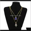 Hommes S égyptien Ankh clé de vie collier ensemble Bling glacé mini pierre précieuse or chaîne en argent pour femmes Hip Hop bijoux Ibrgq cou Ewxvt6130227