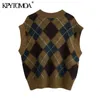 KPYTOMOA Damesmode Argyle losse gebreide vest trui vintage v-hals mouwloze vrouwelijke vest chique tops 210819