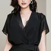 Черный шифон блузка рубашка костюм с подкладкой кружевной ремень офис леди лето женщин элегантные Vestidos на шнуровке юбка 210416